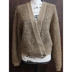 Cardigan Neutral Womens Medium M Petite PM Old Money Sweater Cozy Vintage Tan